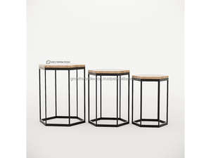 Juego de mesas de centro redondas modernas Tyria de madera de mango con patas de metal, muebles de sala de estar de 3 niveles - Product Image 4