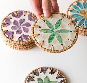 Rattan Mother Of Pearl Coaster <b>Placemat</b> With Blue Shell Flower Bohemian Design Mats & Pads Coaster - Product Image 4