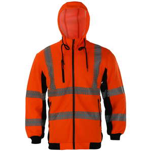 High Visibility Reflective Safety Hoodie Workwear <b>Fleece</b> Jacket Men <b>Orange</b> Full Zip Sweatshirt Construction ANSI Class 3 PPE - Product Image 2