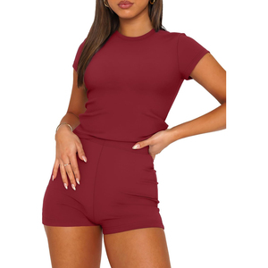 <b>Burgundy</b> 2 Piece Set Crew Neck <b>Short</b> Sleeve Top High Waist <b>Shorts</b> Seamless Solid Color Yoga Outfit - Product Image 1