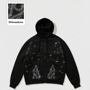 Men's <b>Black</b> Sparkle Flame Rhinestone Front Logo Cotton <b>Fleece</b> Full Zip Hoodies Oversized Fit Solid Pattern Streetwear Winter - Product Image 1