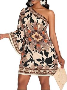 Vestido Mini de Gasa con Mangas Farol, Elegante y Tropical para Mujer, Transpirable, con Dobladillo Acampanado, Informal, Formal, para Vacaciones en la Playa - Product Image 1