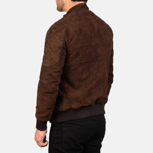 <b>Men's</b> Brown Suede Bomber <b>Jacket</b> Stand Collar Zipper Closure Slim Fit Regular Length Autumn Casual Style - Product Image 2