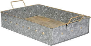 Plateau de service en métal galvanisé argenté de 14 pouces fabriqué à la main solide pour Base en bois de manguier avec rivets en laiton décoration moderne de l'Inde - Product Image 2