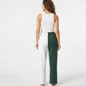 Pantalon large taille haute pour femme, bicolore vert et blanc, en coton uni, avec cordon de serrage, décontracté, longueur complète - Product Image 4