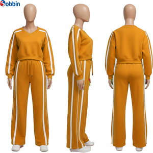 Conjunto Deportivo de Alta Calidad para Mujer, con Rayas Rojas, Sudadera de Manga Larga con Cuello Redondo y Cuello en V, Pantalones Deportivos Anchos, Conjunto Casual de 2 Piezas - Product Image 6