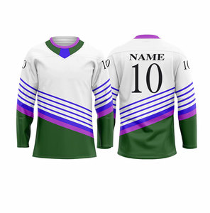 Camiseta de Hockey sobre Hielo Personalizada, Blanca, Verde y Morada, con Rayas, Cuello en V, Manga Larga, Impresión Sublimada, Absorbe la Humedad, Ropa para Hombre - Product Image 1