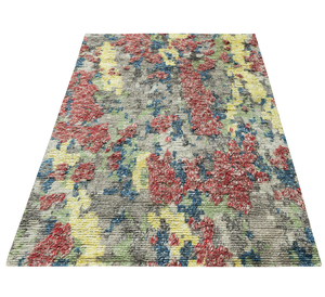 Hand-Knotted <b>Wool</b> Rug Minimalist Floral Pattern Non-Slip Low Pile Red/<b>Yellow</b>/Blue - Product Image 1
