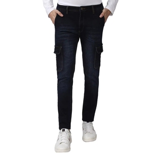 Pantalones Cargo de Mezclilla para Hombre, Corte Slim Fit, Lavado Oscuro, con Bolsillos Laterales, Estilo Casual, Tela de Algodón de Peso Medio, Jeans para Otoño - Product Image 1