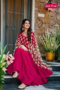 Robe indienne pakistanaise traditionnelle rouge longue jusqu'au sol avec dupatta à chaîne de perles, coupe ample pour femme, idéale pour les mariages et les fêtes - Product Image 2