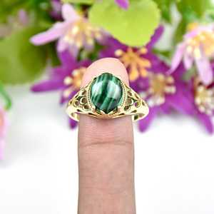 Natural <b>Green</b> Malachite Gemstone 18K Gold Vermeil 925 Sterling Silver Boho Jewelry Oval Shape Designer Band <b>Ring</b> for Women - Product Image 2