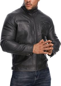 Men Black PU Leather Moto <b>Biker</b> <b>Jacket</b> Zipper Front Stand Collar Regular Sleeve Solid Color Autumn Style Windproof - Product Image 4