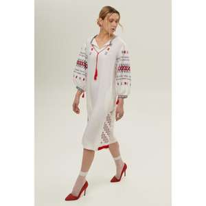 Vestido Midi de Lino Lavable Ecológico Blanco Bordado para Mujer al por Mayor con Cinturón, Túnica Kurti Étnica de Manga Larga - Product Image 2