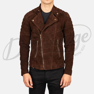 Chaqueta de cuero de gamuza marrón oscuro para hombre, estilo motero, corte ajustado, con hombros acolchados, cremallera asimétrica, para motocicleta. - Product Image 6