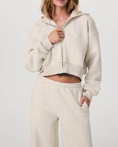 <b>Women</b> Cropped Zip Up <b>Hoodie</b> And Sweatpants Two Piece Tracksuit Set Fleece Hooded <b>Long</b> Sleeve Casual Solid - Product Image 2