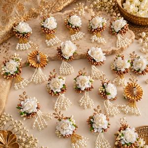 Handcrafted White Flower Safa Brooch with Moti Work Decorative Wedding Turban Pin Decorative White Flower Brooch Moti Work - Product Image 5