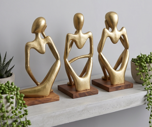 Ensemble de 3 sculptures abstraites de style Penseur, finition dorée, base en bois, décoration pour la maison, décoration nordique pour le salon, cadeau spécial - Product Image 3