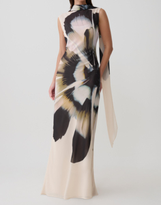 Vestido Maxi con Estampado Floral Abstracto para Mujer, Sin Mangas, Cuello Alto con Detalle de Bufanda, Elegante Vestido de Fiesta de Gasa - Product Image 2