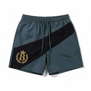 Shorts de bain brodés pour hommes à motif géométrique, séchage rapide, taille à cordon, décontractés, bleu foncé, noir, logo doré sur le devant - Product Image 1