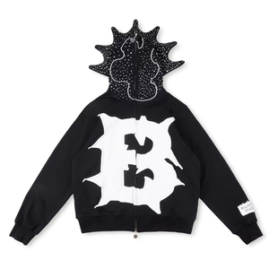 Sweat à capuche zippé oversize noir avec lettres blanches brodées et capuche à pointes, style streetwear, en molleton de coton écologique pour homme - Product Image 1