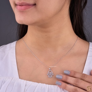 Lab Grown Diamond Hamsa Hand <b>Pendant</b> Necklace in 18K <b>Solid</b> <b>Gold</b>| Protection Charm | Lab Diamond Spiritual Jewelry for Women - Product Image 3