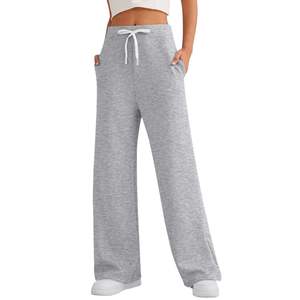 Pantalon droit gris en tricot pour femme, taille mi-haute, fermeture élastique, longueur intégrale, style décontracté automne, couleur unie, respirant, 100 % coton - Product Image 3