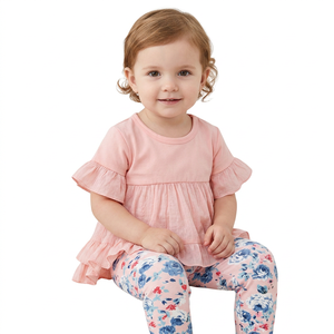 Ensemble décontracté pour filles, grande taille, haut à volants en coton, pantalon fleuri, manches courtes, tenue d'été respirante, 100% coton peigné, écologique - Product Image 1