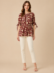 Wholesale Premium Maroon Color Floral Print <b>Top</b> O <b>Neck</b> Half Sleeve <b>Tie</b> Cuff Smocked Waist Casual Summer Daily Wear Crop <b>Top</b> - Product Image 3