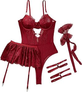 Wire Free Padded Breathable <b>Sexy</b> Solid Woven Lingerie Teddy Bodysuit Skirt <b>Set</b> - Product Image 1