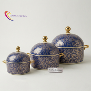 Casserole de luxe 3 pièces en acier inoxydable, nouveau design émaillé oriental bleu et or, couvercle rond, poignée en alliage de zinc, plat de service - Product Image 1