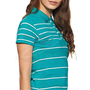 Polo rayé pour femme à manches courtes, bleu sarcelle et blanc, décontracté, 100 % coton, tissu Oxford respirant, tissé - Product Image 3