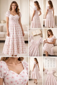 เดรสผ้าพิมพ์ลายดอกไม้แบบแฮนด์บล็อก คอรูปหัวใจ แขนสั้นพอง เอวยางยืด ยาวแบบแม็กซี่ ผลงานแฮนด์เมดชิ้นเอก - Product Image 4