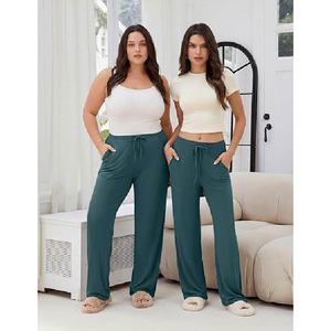 Pantalones de chándal casuales de cintura alta y pierna ancha para mujer, suaves y cómodos, con cordón y bolsillos, ideales para el verano. - Product Image 1