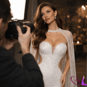 Robe de mariée sirène luxueuse ornée de cristaux, robe élégante avec cape, robe de soirée de créateur pour femmes |   Collection Premium - Product Image 3