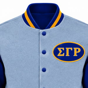 <b>Womens</b> <b>Light</b> Grey Varsity Bomber <b>Jacket</b> Blue Sleeves SGP Oval Embroidery Gold Trim Snap Button College Letterman Style Coat - Product Image 2