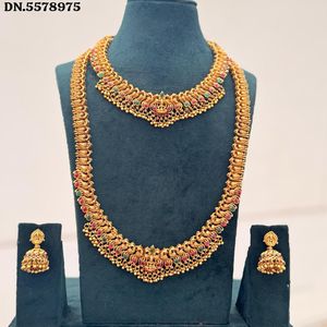 Traditional South Indian Temple Long Bridal Necklace <b>Set</b> Alloy <b>Gold</b> Plated Zircon Earrings Vintage Engagement Wedding - Product Image 1