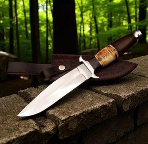 Couteau de chasse Bowie multifonctionnel forgé à la main, lame en acier Damas, manche en bois et os de chameau, pointe clip, outils de camping en plein air - Product Image 6