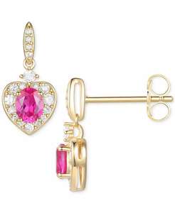 Rubis cultivé en laboratoire (5/8 ct. T. W.) & Saphir blanc cultivé en laboratoire (1/3 ct. T. W.) Boucles d'oreilles pendantes Halo en forme de cœur en plaqué or 14 carats - Product Image 3
