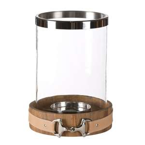 Bougeoir en verre avec base en bois, style rond en cuir façon mors de cheval, bougeoir hurricane en verre, décoration de table - Product Image 1