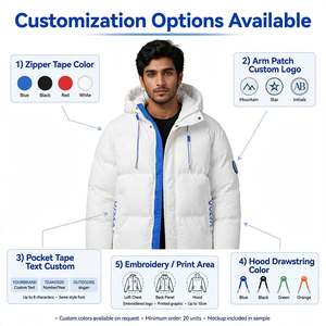 Custom Wholesale Lightweight Finished Men's <b>White</b> <b>Puffer</b> <b>Jacket</b> Windproof Hooded Winter Coat with Blue Trim Accent - Product Image 3