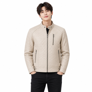 Men's Quilted PU Leather Moto <b>Jacket</b> Stand Collar Zipper Closure Slim Fit Regular Length Autumn Style Solid Color - Product Image 3