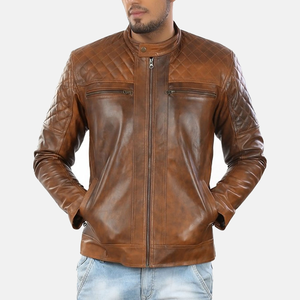 Veste en cuir de style universitaire classique vintage, col montant, à capuche, respirante, pour homme, marron foncé - Product Image 3
