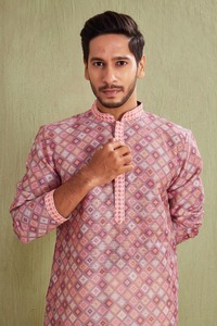 Traditional Casual Wear <b>Men's</b> Pink Printed Cotton <b>Kurta</b> Regular Fit Ankle-Length India Pakistan Style <b>Kurta</b> for <b>Mens</b> - Product Image 6