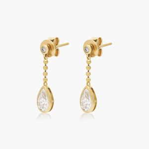 Pendientes colgantes con cadena de cuentas y diamantes cultivados en laboratorio de forma de pera de 1 quilate en oro amarillo - Product Image 2