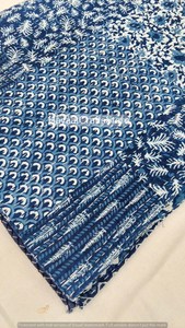 Handmade Hand Block Printed Indigo Blue Kantha <b>Quilt</b> Indigo Blue Cotton Kantha <b>Quilt</b> Indian Handmade Queen <b>Bedspread</b> - Product Image 5