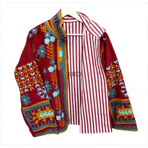 Veste en velours côtelé rouge pour femme, col mandarin, manches longues, motif floral, broderie à la main, style automne - Product Image 3