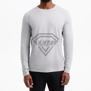 T-shirt à manches longues en coton gris uni pour homme, col rond, coupe ajustée, personnalisable, grandes tailles, vêtements décontractés pour hommes - Product Image 1