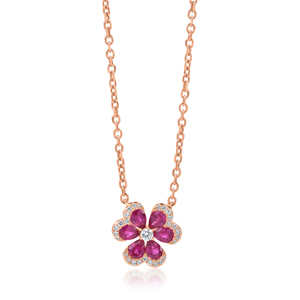 Rose Gold Plated <b>Ruby</b> Flower Pendant <b>Necklace</b> With Diamond Accents Women's Romantic Everyday Wear Box Chain - Product Image 1