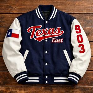 Chaqueta Universitaria Letterman Texas Azul Marino y Blanca |   Cuello Alto, Invierno, Logotipo Frontal, Ecológico, Tallas Personalizables - Product Image 2