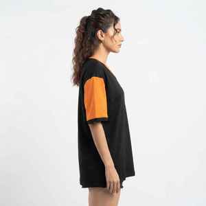 T-shirt décontracté en coton à col en V et manches courtes pour femme, coupe ample, coloris noir et orange, motif œil de faucon - Product Image 4